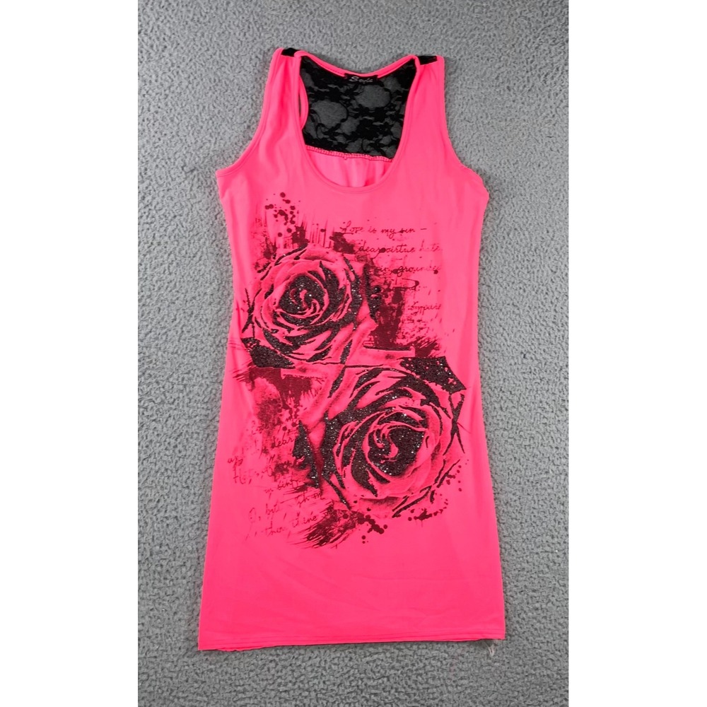Y2K VTG Graphic Tank‎ Dress Women XS/S Neon Pink Rose Glitter Lace Racerback